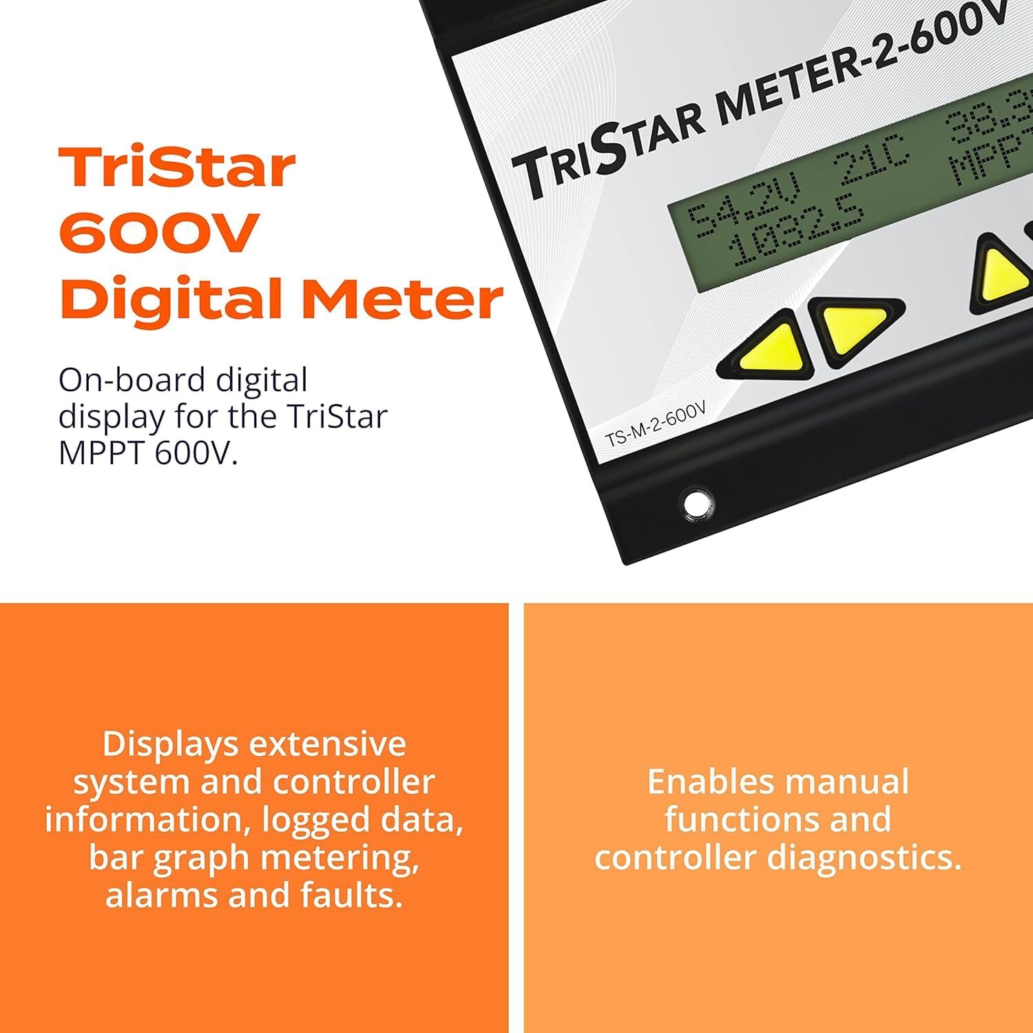 Morningstar Tristar Meter-2-600V Digital Display (TS-M-2-600V) - for Tristar MPPT 600V Solar Charge Controller - System Info, Logged Data, Bar Graphs, Alarms & Faults Troubleshooting - 5 Languages