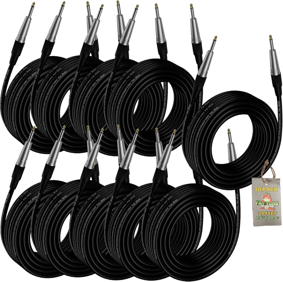 Fat Toad 20FT Guitar Instrument Cables (ShieldedPRO X Series) 10-Pack – 1/4 Inch TS Jack Patch Cords with Gold Straight Ends, 24 AWG for Amp, Bass, Studio