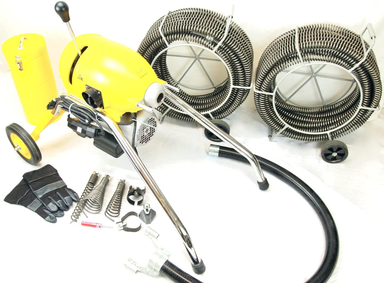 BLUEROCK Package Deal BLUEROCK Model SDS200 1.5HP 2inches - 8inches Sectional Pipe Drain Cleaning Machine Kit w/ 120' Cable Snake & Cutters Set