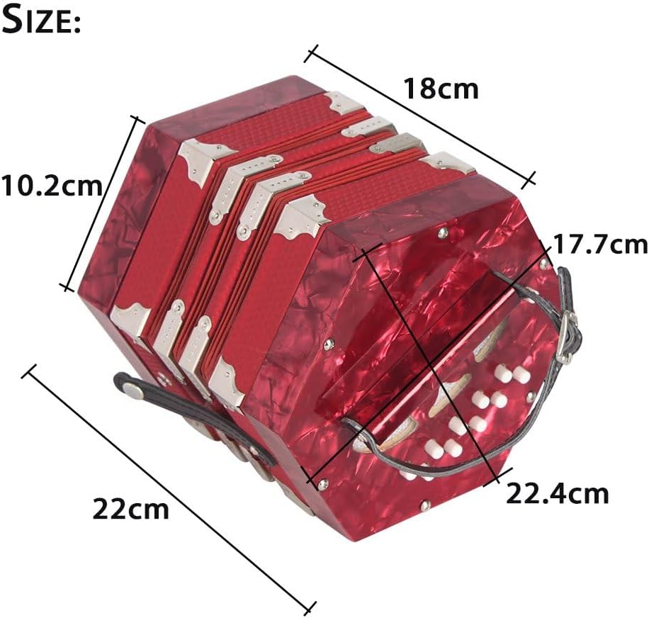 Concertina 20 Buttons 40-Reed Anglo Style Accordion for Adults Professional Accordion for Beginners Adjustable Hand Strap Musical Instrument With Carrying Bag (Red)