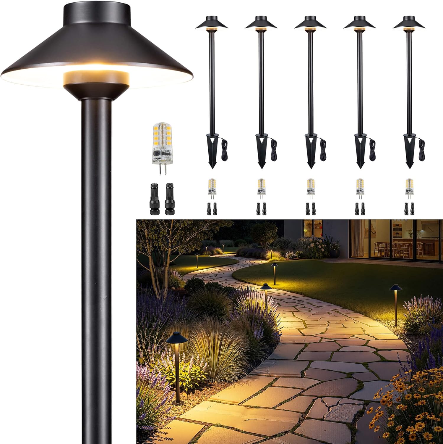 Gardenreet Low Voltage Landscape Lighting Brass, 12v Pathway Lights Waterproof, Hard Wired Path Light Outdoor, Mushroom Black for Exterior Patio House with 3W 270LM 3000K Soft White G4 Bulb (6 Pack)