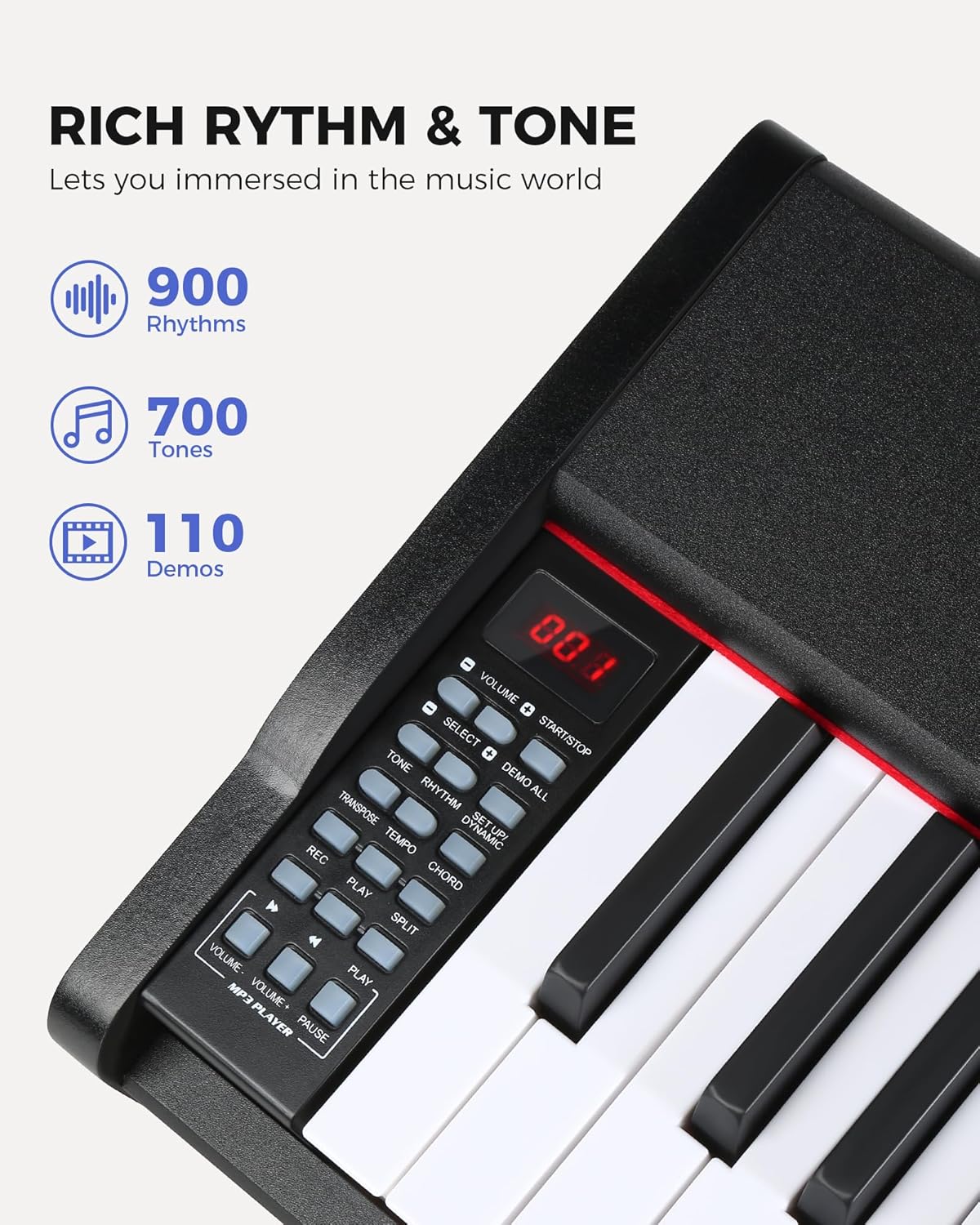 Fesley Semi-weighted Piano Keyboard 88 Keys with Stand, Full-Size Electric Keyboard Piano for Beginners,Portable 88 Key Keyboard with 900 Tones,700 rhythms,110 demo songs,USB-MIDI, FEP300X, Black