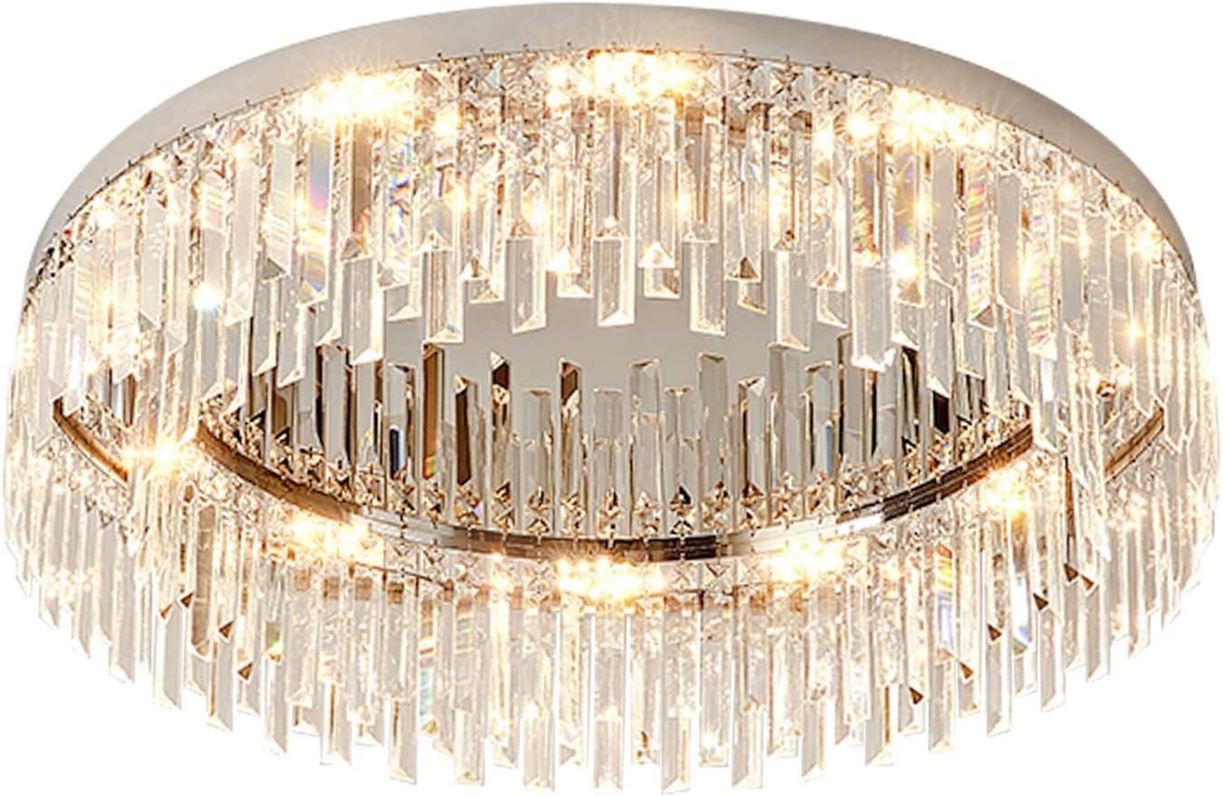 Modern LED Crystal Ceiling Light, 23.6Inch Round Chrome Flush Mount Crystal Chandeliers, Triangle & Square Shaped Crystal Ceiling Light for Porch Kitchen Bedroom Living Room Entryway