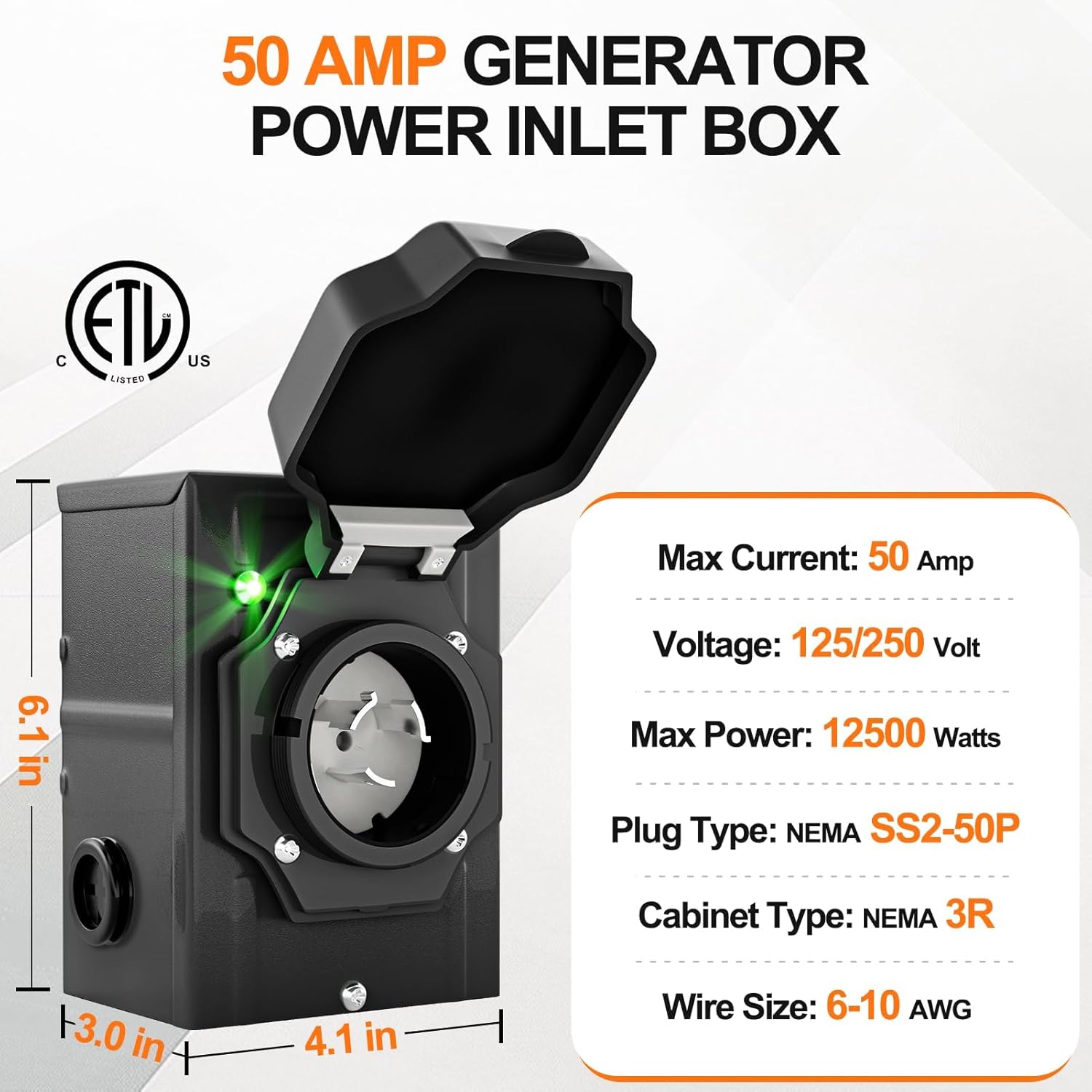 50 Amp Generator Extension Cord 15 Ft- Rated for 250V /12500W+50 Amp Generator Inlet Box with Green Safety Light