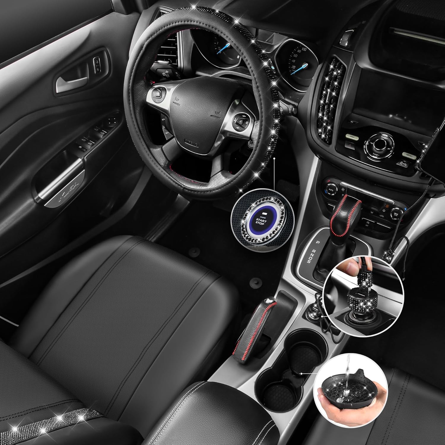 CAR PASS 34 PCS Bling Diamond Car Accessories Set for Women, Leather Car Seat Covers Steering Wheel Covers 15'', USB Charger Phone Holder Shining Rhinestone Sparkly, Cute Interior Decorations, Black
