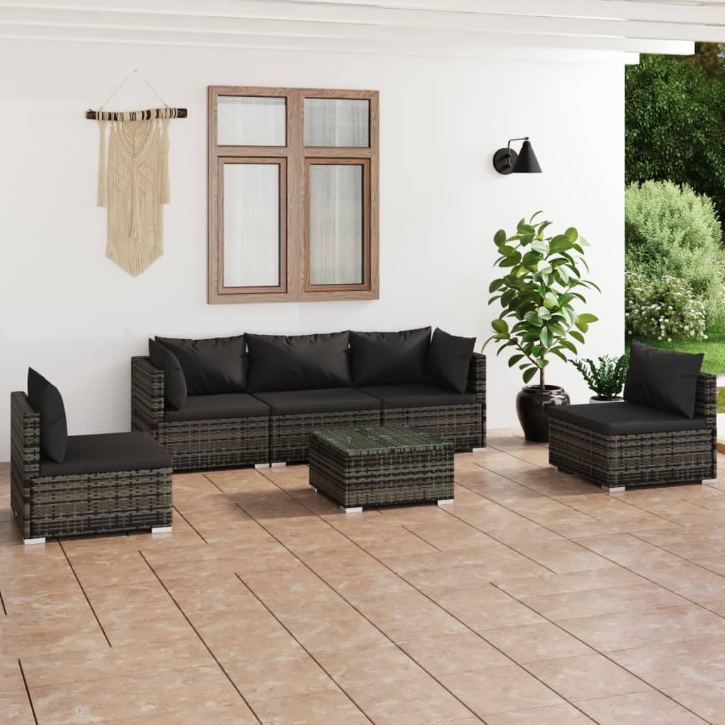 Furniture Sets 6 Piece Patio Lounge Set with Cushions Poly Rattan Gray,Versatile Patio Lounge Set: Comfort and Durability for Your Outdoor Oasis Garden Conversation Sets