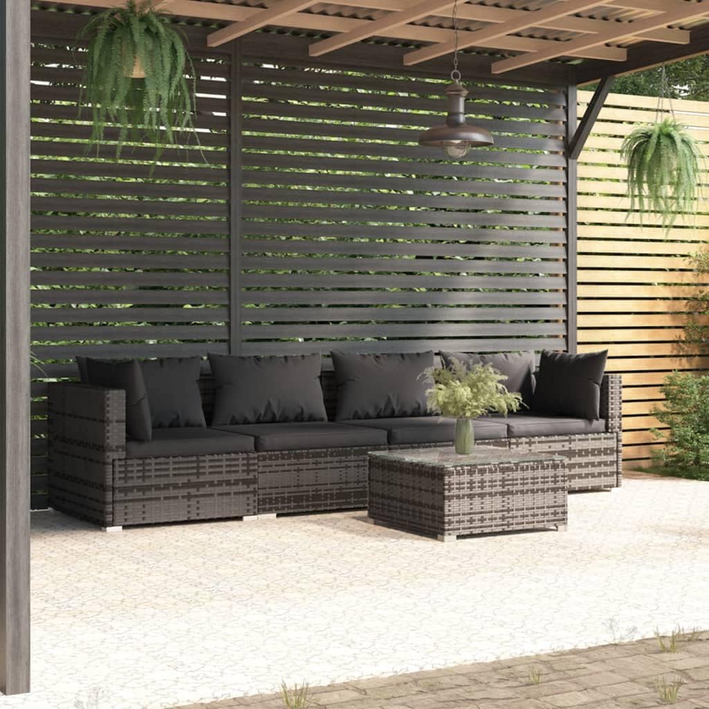 Patio Furniture Set 5 Piece with Cushions Poly Rattan Gray,Modular Rattan Patio Lounge Set with Cushions for Ultimate Outdoor Relaxation Patio Furniture, Outdoor Furniture Sets