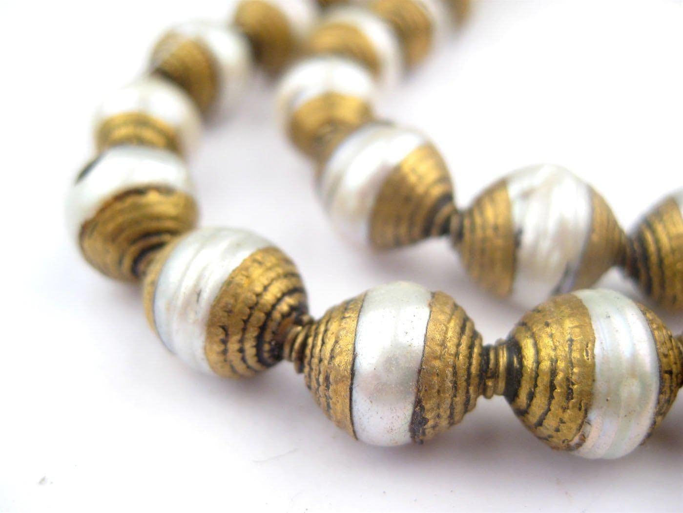 The Bead Chest Capped Pearl with Brass Gemstone Beads, Full Strand of Round Nepalese Stone Beads, Great for DIY Jewelry Necklace & Bracelet Making