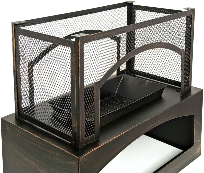 37 Inch Rectangular Metal Wood Burning Fire Pit with Built-in Log Storage and Poker - Bronze Finish Outdoor Fireplace for Patio, Garden, Backyard Gatherings