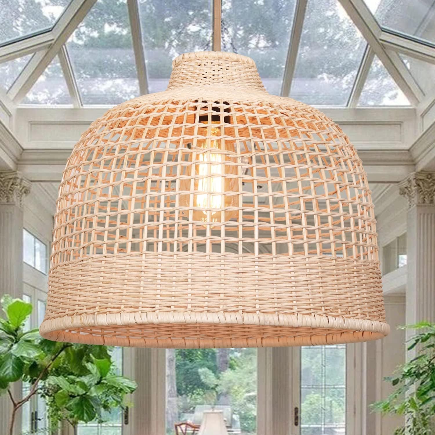 Rattan Pendant Lights, Hand-Woven Wicker Light Fixture for Kitchen Island, Natural Bamboo Hanging Ceiling Lamp with Basket Shade, Boho Farmhouse Chandelier for Living Room, 13.8 x 13.8IN