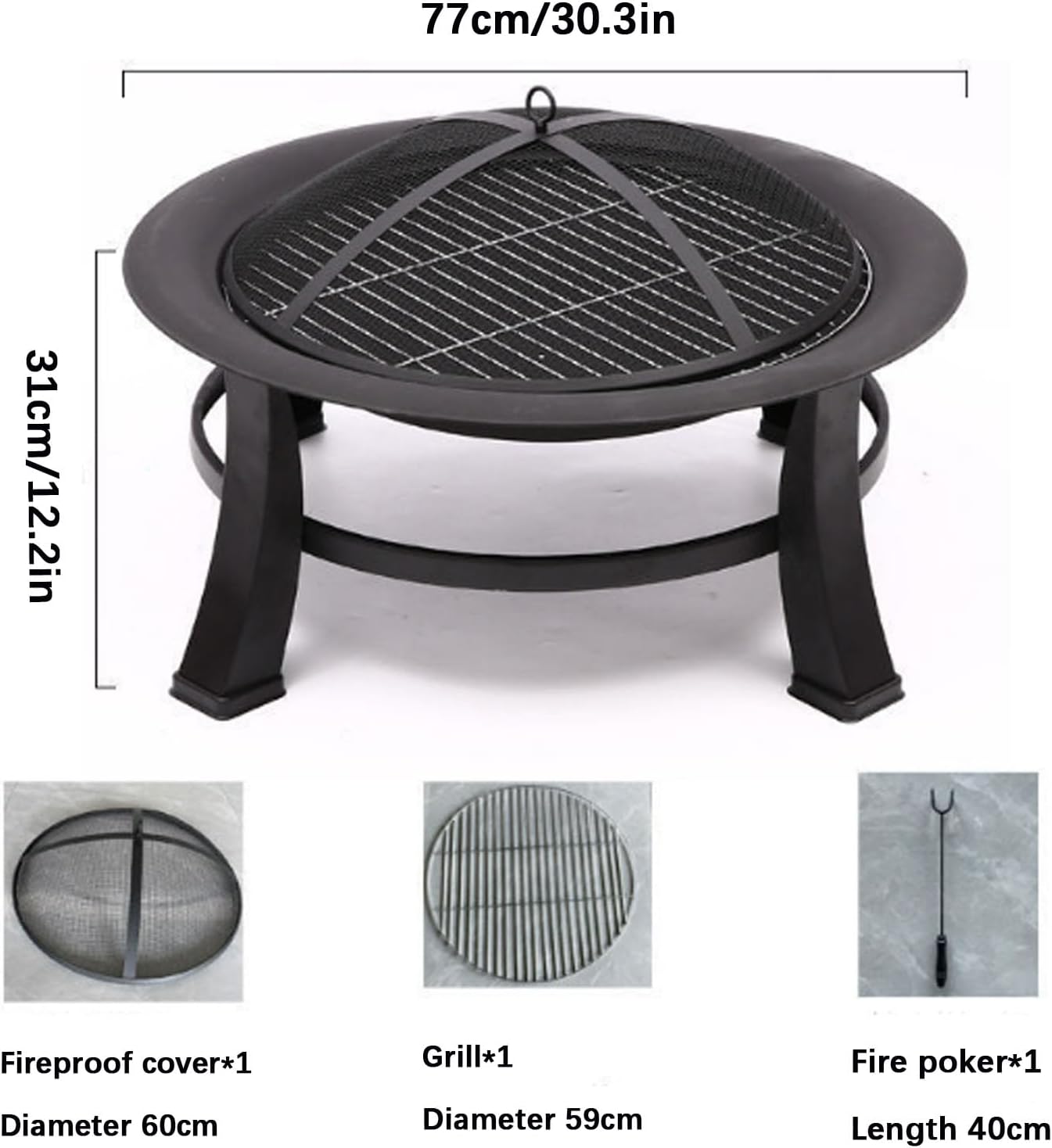 Outdoor Fire Pit Wood Burning Fire Pits for Outside with Lid & Fire Poker, with Cover Lid, Steel Round Table for Backyard Bonfire Patio Picnic