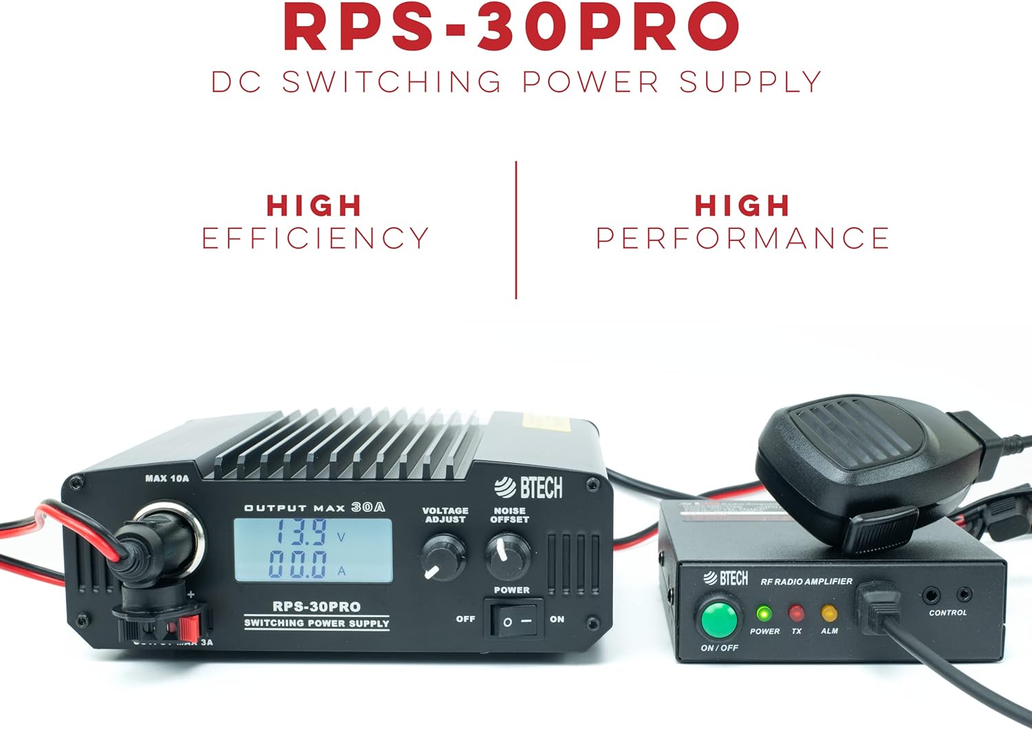 BTECH RPS-30PRO 30 Amp Regulated Universal Compact Bench Power Supply, AC-to-DC Power Convertor, 13.8V (9~15VDC Adjustable) with Noise Offset Adjustment, Includes Multiple Power Connections
