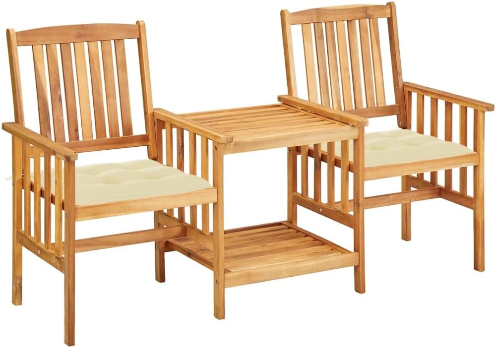 Patio Chairs with Tea Table and Cushions Solid Acacia Wood,Rustic Wooden Bistro Set for Patio and Garden with Comfortable Cushions Patio Furniture Sets, Outdoor Furniture Sets