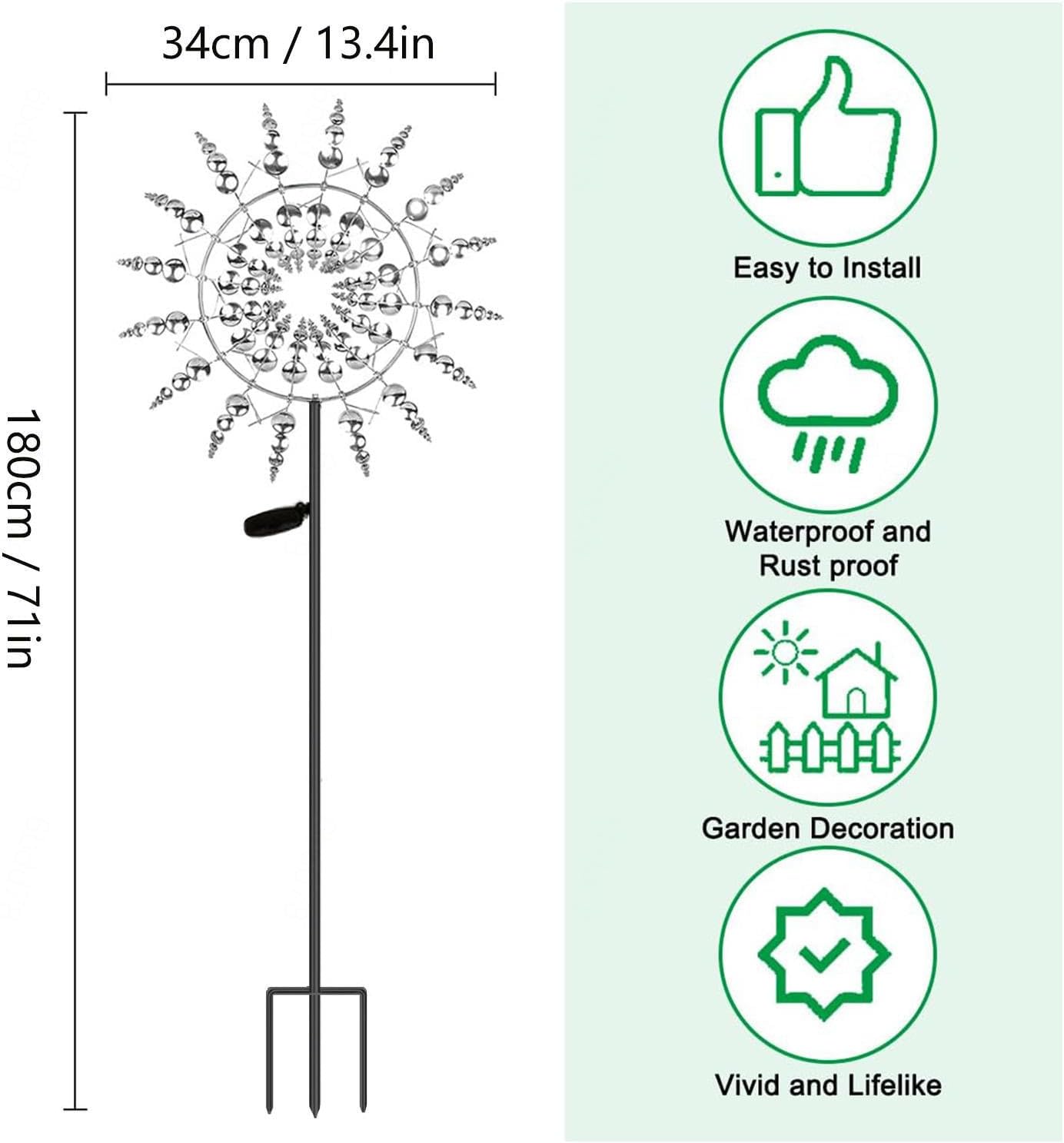 Solar Magical Metal Windmill, Kinetic Wind Spinner 3D Wind Powered, 13.4 x 71in Yard Metal Wind Spinner,Gold