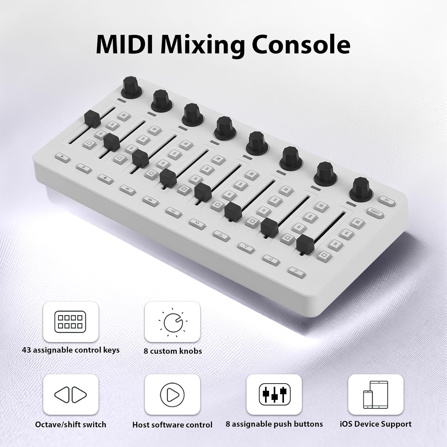 controller,HUIOP BT midi controller,MIDI Controlle MIDI Mixing Console with 43 Buttons 8 Knobs 8 Push Buttons BT Connection Battery/Type-C Power Supply USB MIDI Controller Mixer for Most Electroacoust