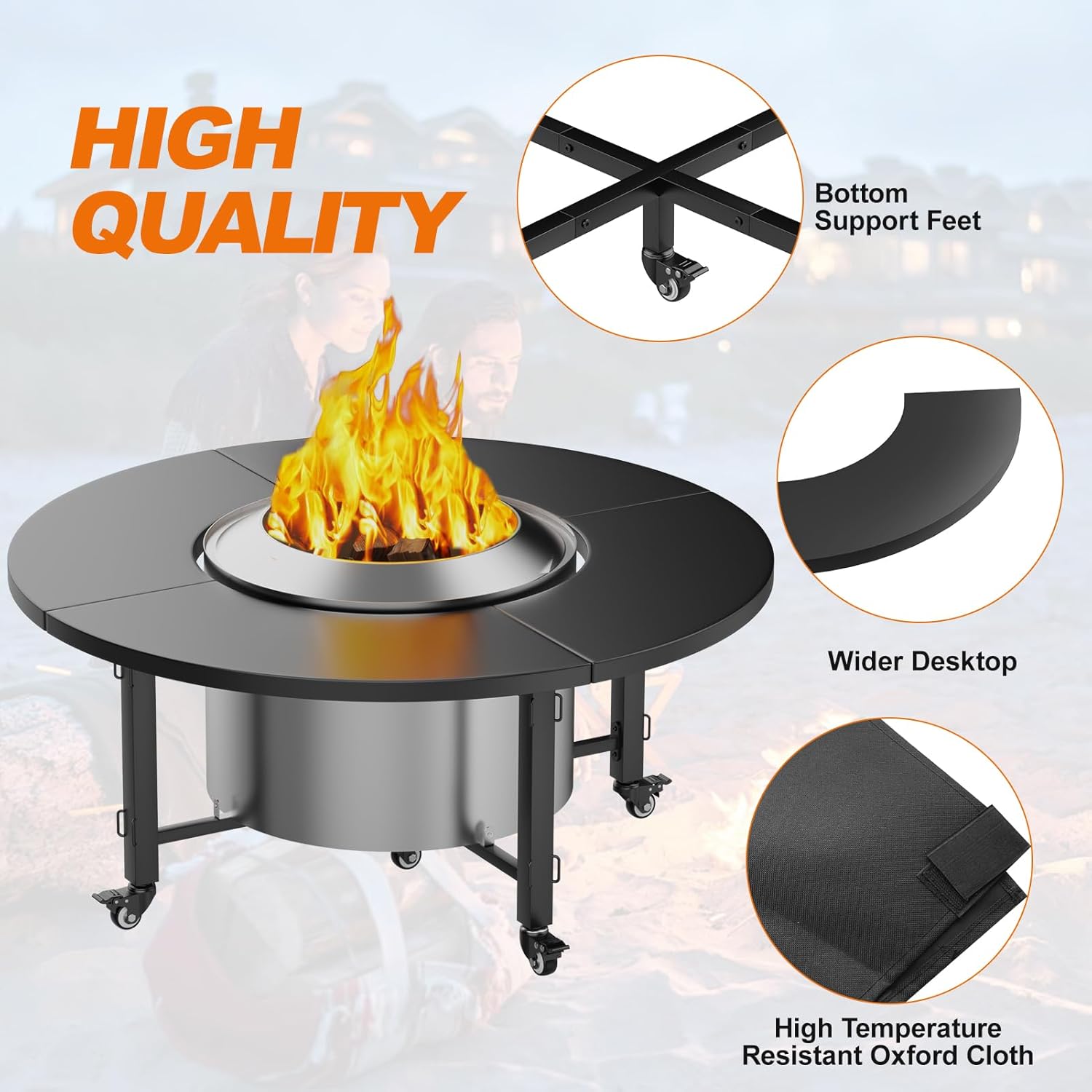 Fire Pit Surround Tabletop for Solo Stove Bonfire,Foldable Surround Table with Wheels for Safety & Easy Clean,42