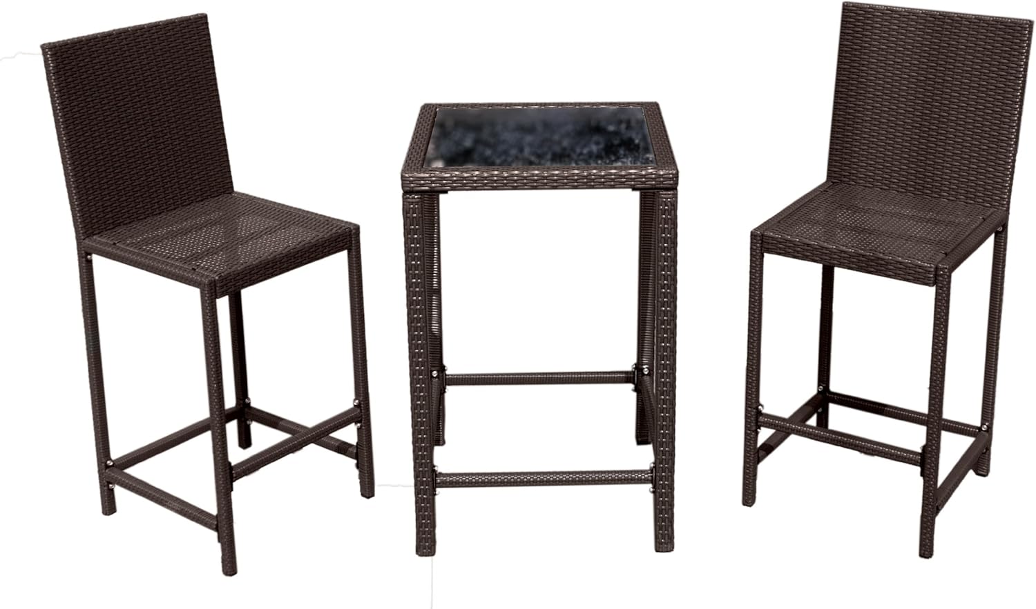 Hiland AW-226B 3 Piece Woven Resin Wiker Outdoor Furniture Bar Chair and Table Set, Medium, Dark Brown