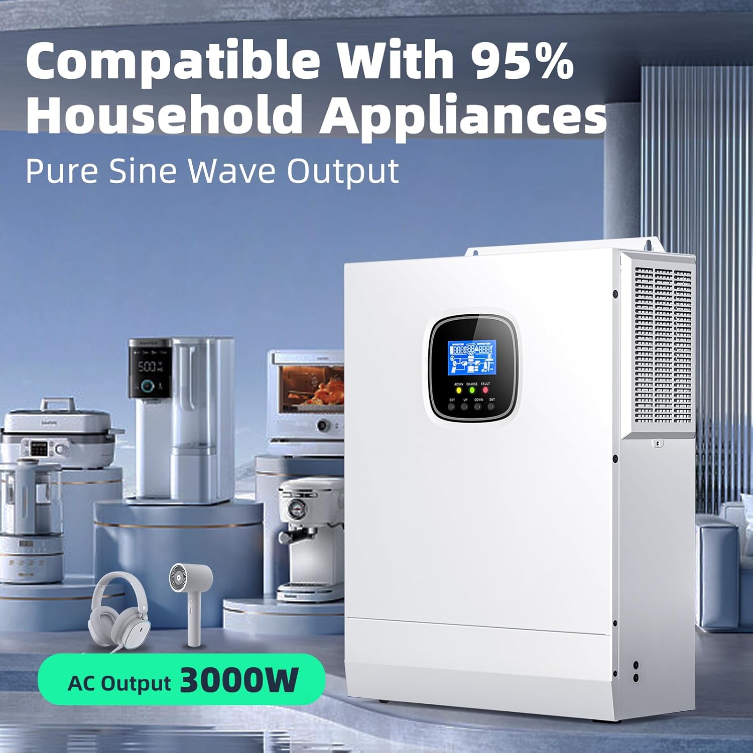 3000W Solar Inverter, 24V-110V/120V Pure Sine Wave Inverter, Built-in 60A MPPT Controller, Ideal for Homes, RVs, & Off-Grid Systems Work with Lithium, Lead-Acid, or Gel Batteries