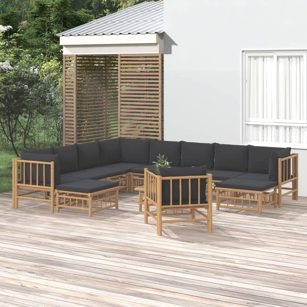 12 Piece Patio Lounge Set with Dark Gray Cushions Bamboo,Elegant Bamboo Patio Lounge Set: Comfort and Style for Your Outdoor Space Patio Furniture, Outdoor Furniture Sets