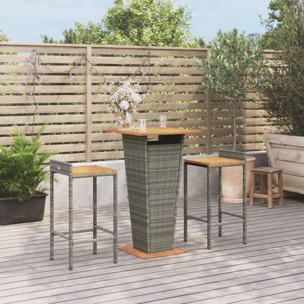 3 Piece Patio Bar Set Gray Poly Rattan&Solid Wood Acacia,AllWeather Garden Bar Table and Stools Set with Comfortable Seating and Wooden Tabletop Furniture Sets for Patio, Lawn & Garden