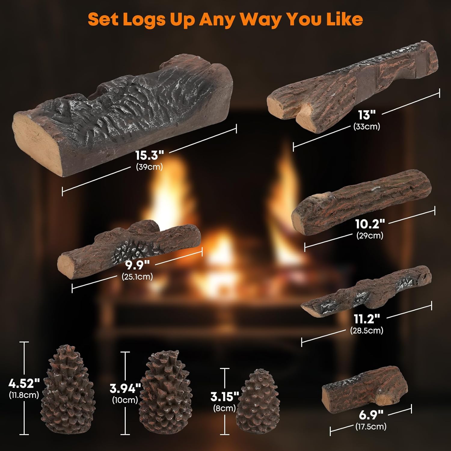 Stanbroil Large Ceramic Gas Logs, 9 Piece Set of Decoration Ceramic Wood Logs for All Types of Ventless, Gel, Ethanol, Electric, Gas Inserts, Propane, Indoor or Outdoor Fireplaces & Fire Pits