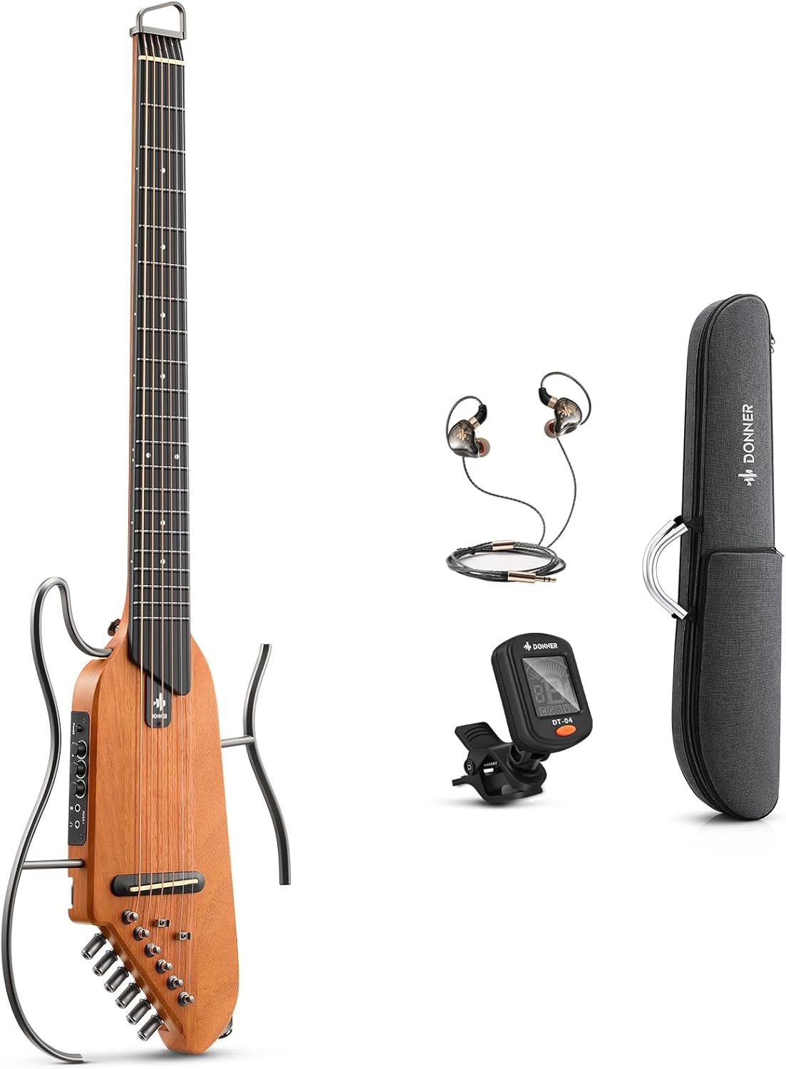 Donner HUSH I Guitar For Travel - Portable Ultra-Light and Quiet Performance Headless Acoustic-Electric Guitar, Mahogany Body with Removable Frames, Gig Bag,and Accessories