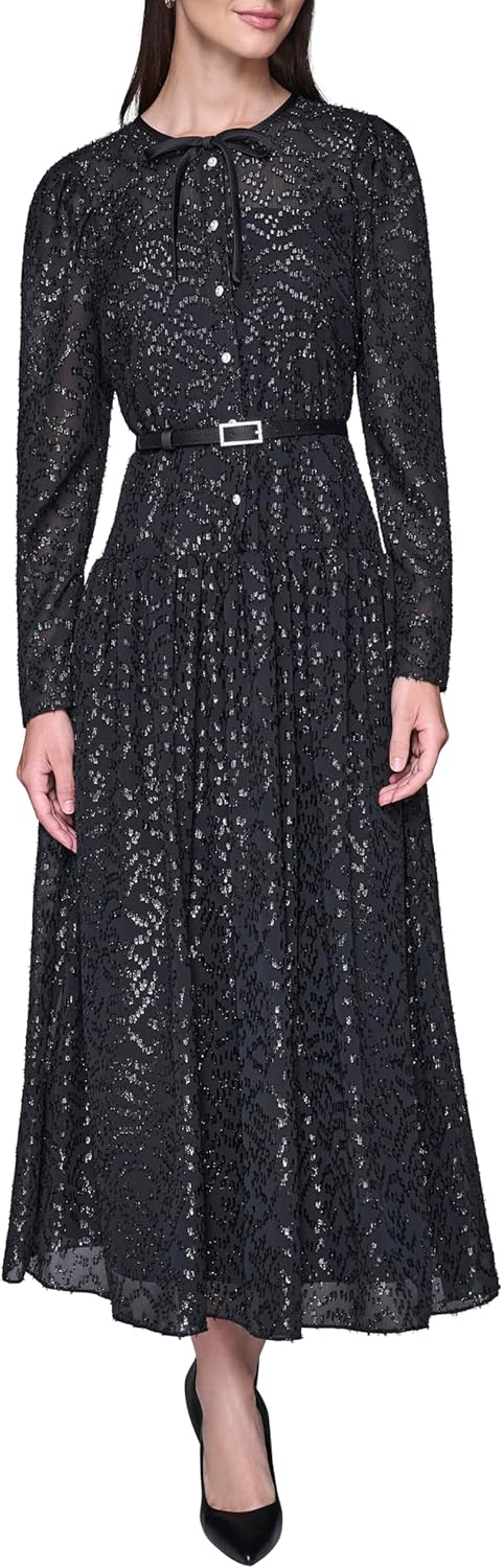 Karl Lagerfeld Women's Long Sleeve Crew Neck Rhinestone Buckle Belt Chiffon Midi Dress