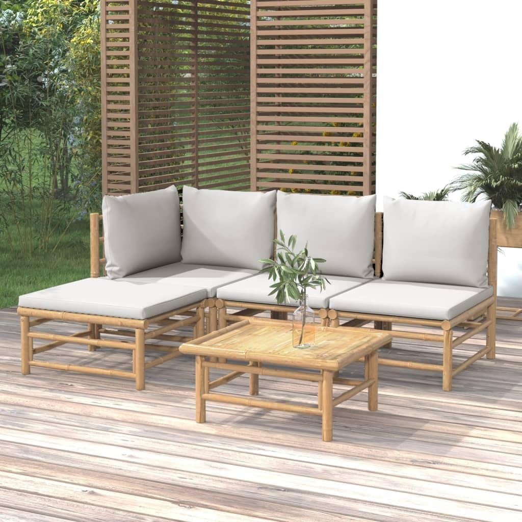 5 Piece Patio Lounge Set with Light Gray Cushions Bamboo,Durable Bamboo Patio Lounge Set for Outdoor Relaxation and Comfort Patio Furniture, Outdoor Furniture Sets