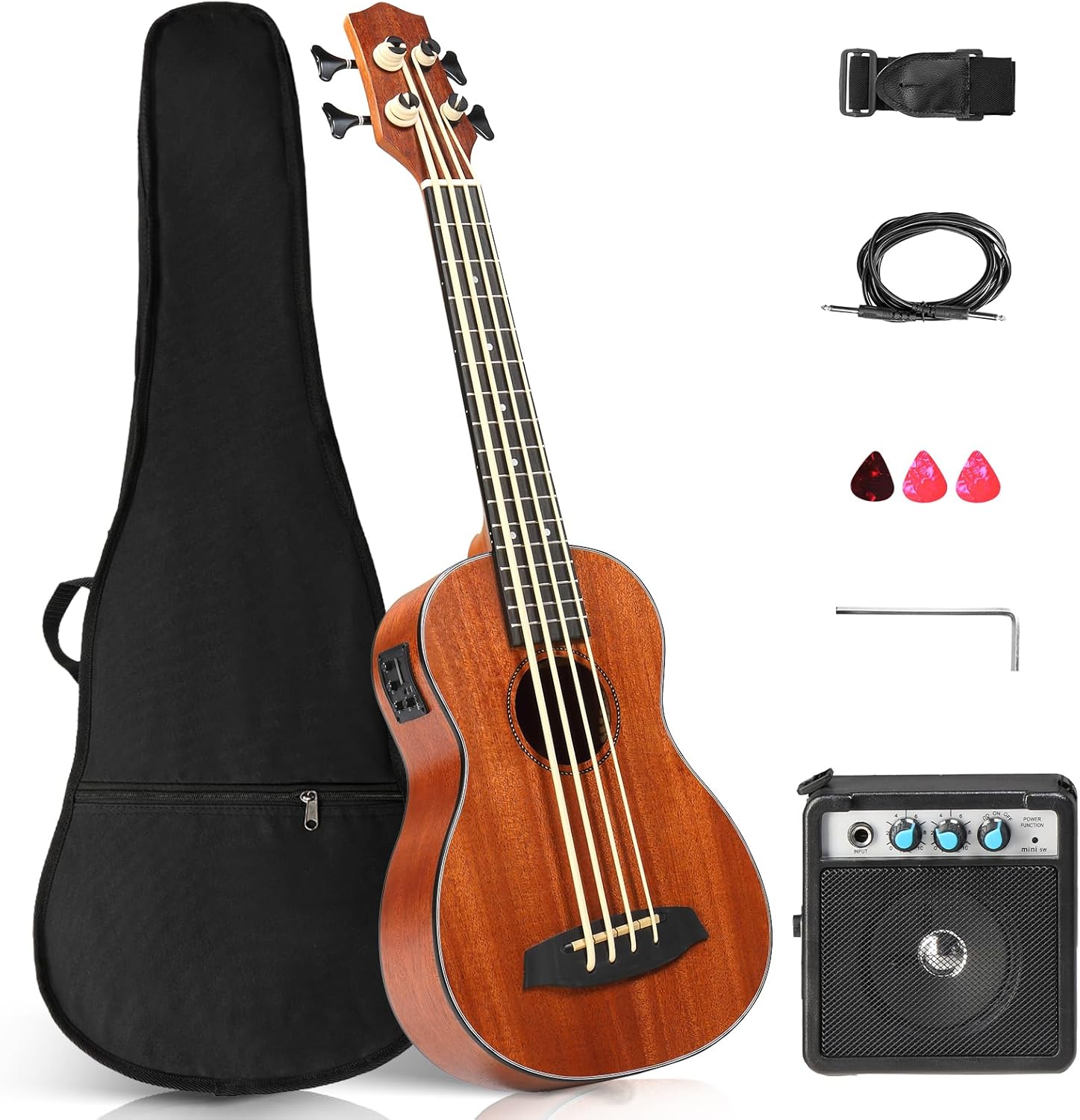 Ktaxon Electric Acoustic Bass Ukulele, 30 inch Mahogany Ukelele with EQ, Professional with 5W Amp E-A-D-G Ideal for Performances and Practice, Includes Gig Bag, Capo, Strap, Picks