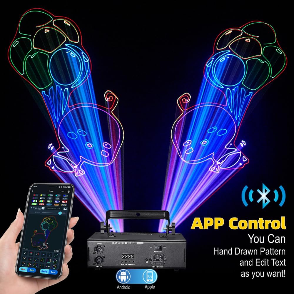 DJ Laser Light with App Control, 3D Animation Stage Laser Machine Projector, Support Custom Drawing, Text Playback, Personalized Program, DMX Music Sound & Remote Laser for Party, Disco, Club, Bar