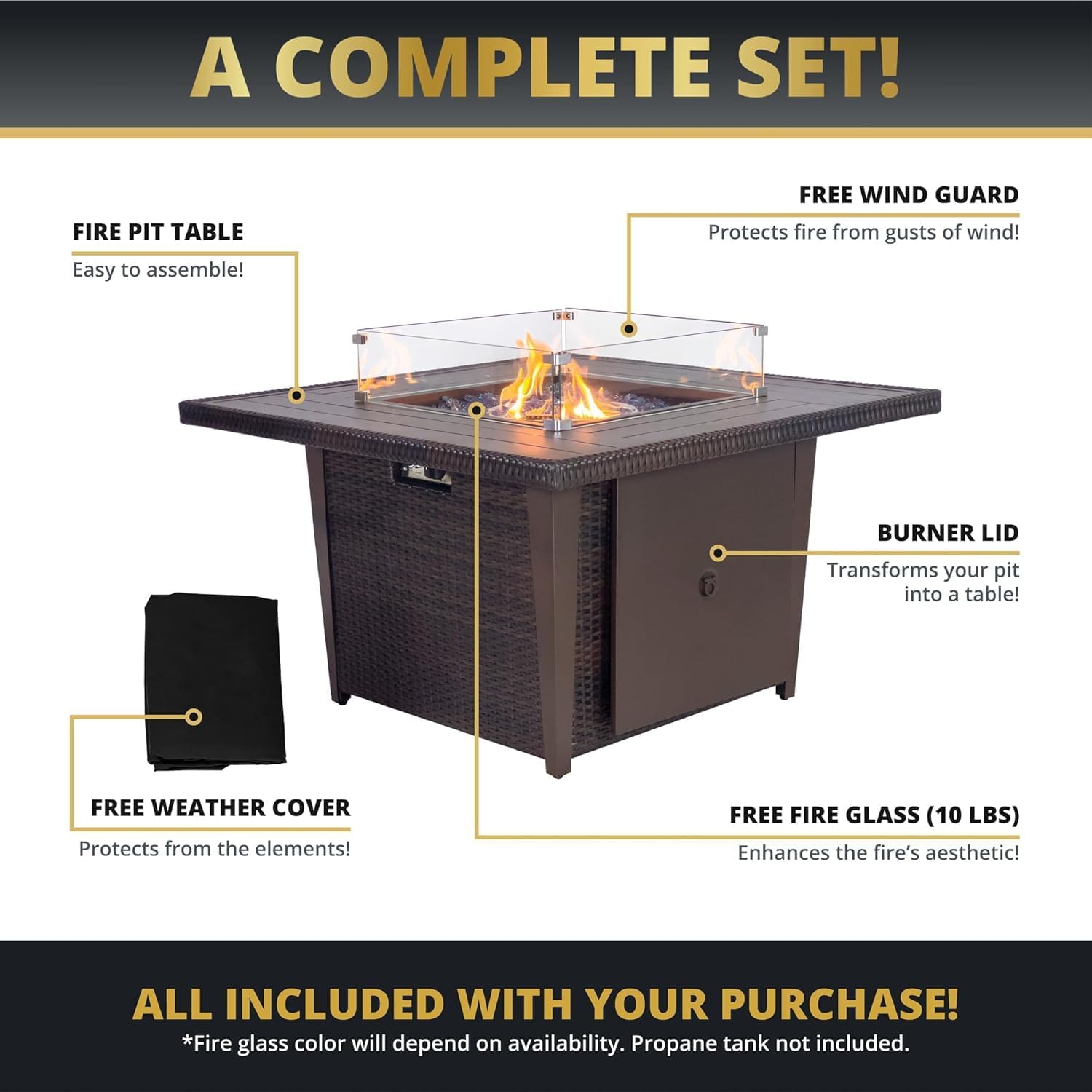 42 Inch Fire Pit Table, 50,000 BTU Outdoor Square Gas Fire Pit Table for Patio Garden Backyard,CSA Certification, with Lid, Glass Wind Guard, Waterproof Cover (Brown)