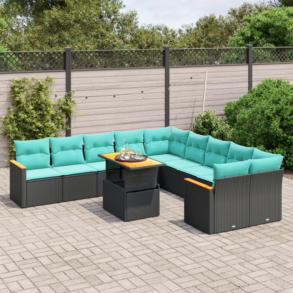 11 Piece Patio Sofa Set, Black Poly Rattan Outdoor Furniture with Adjustable Table, Cushions, Modular Design for Garden, Balcony