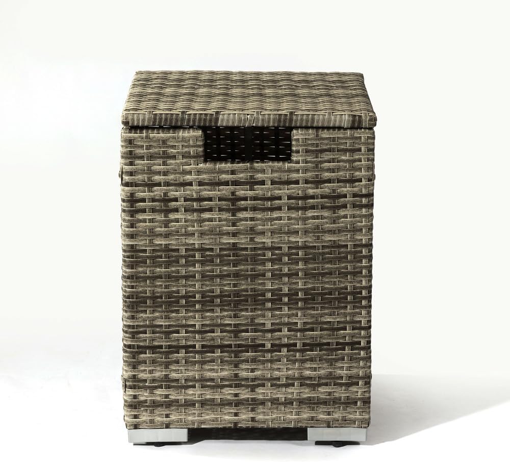 32 Inch Propane Fire Pit Table with Wicker Base and Ceramic Tabletop, 50000 BTU Outdoor Heater for Patio Garden Backyard Decor (Beige + Ceramic Tile+Iron + Rattan+Metal + Rattan)