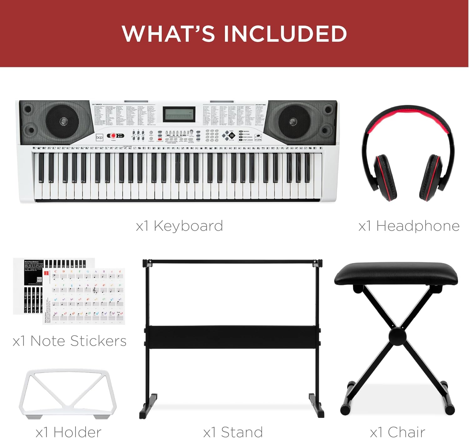 Best Choice Products 61-Key Beginners Complete Electronic Keyboard Piano Set w/Lighted Keys, LCD Screen, Headphones, Stand, Bench, Teaching Modes, Note Stickers, Built-In Speakers - White