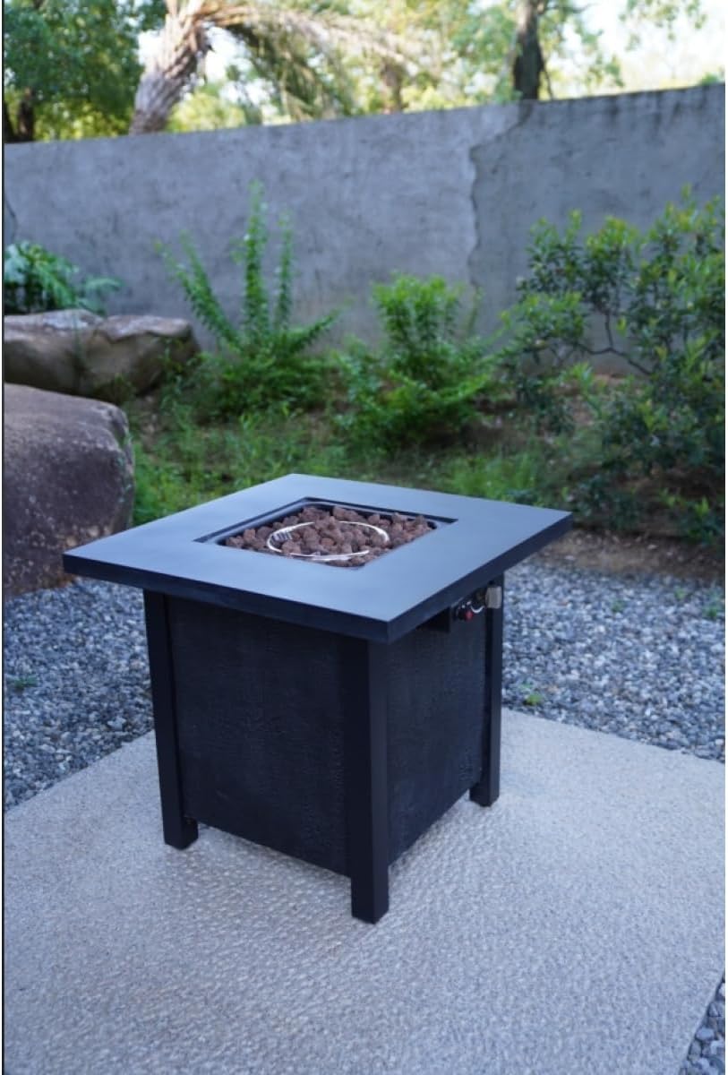 28-inch Square Propane Fire Pit Table, 50,000 BTU Outdoor Patio Heater with Rattan Weave Texture & Cover, Black CSA Certified Gas Fire Pit for Garden