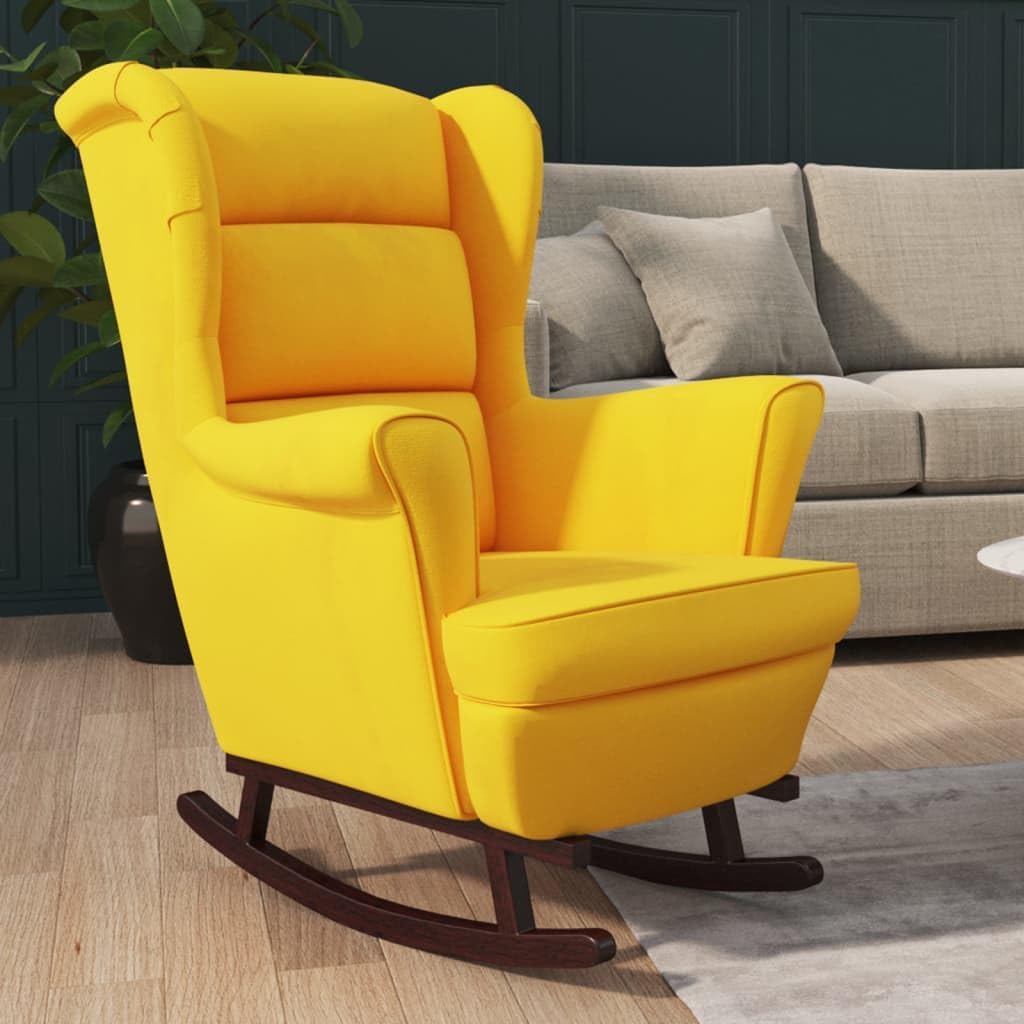 Rocking Chair with Solid Wood Rubber Legs Yellow Velvet,Yellow Velvet Upholstered Rocking Chair for Comfort and Style in Any Living Space Patio Furniture & Accessories, Chairs for Patio