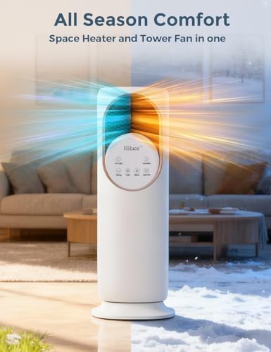 Hiluce Tower Fan and Heater Combo,Room Heater with Remote,26ft/s Quiet Bladeless Fans,180°Oscillating,2 Heating & 3 Cooling Speed, 4L Water Tank, 9H Timer, for Office, Large Room, Bedroom 32