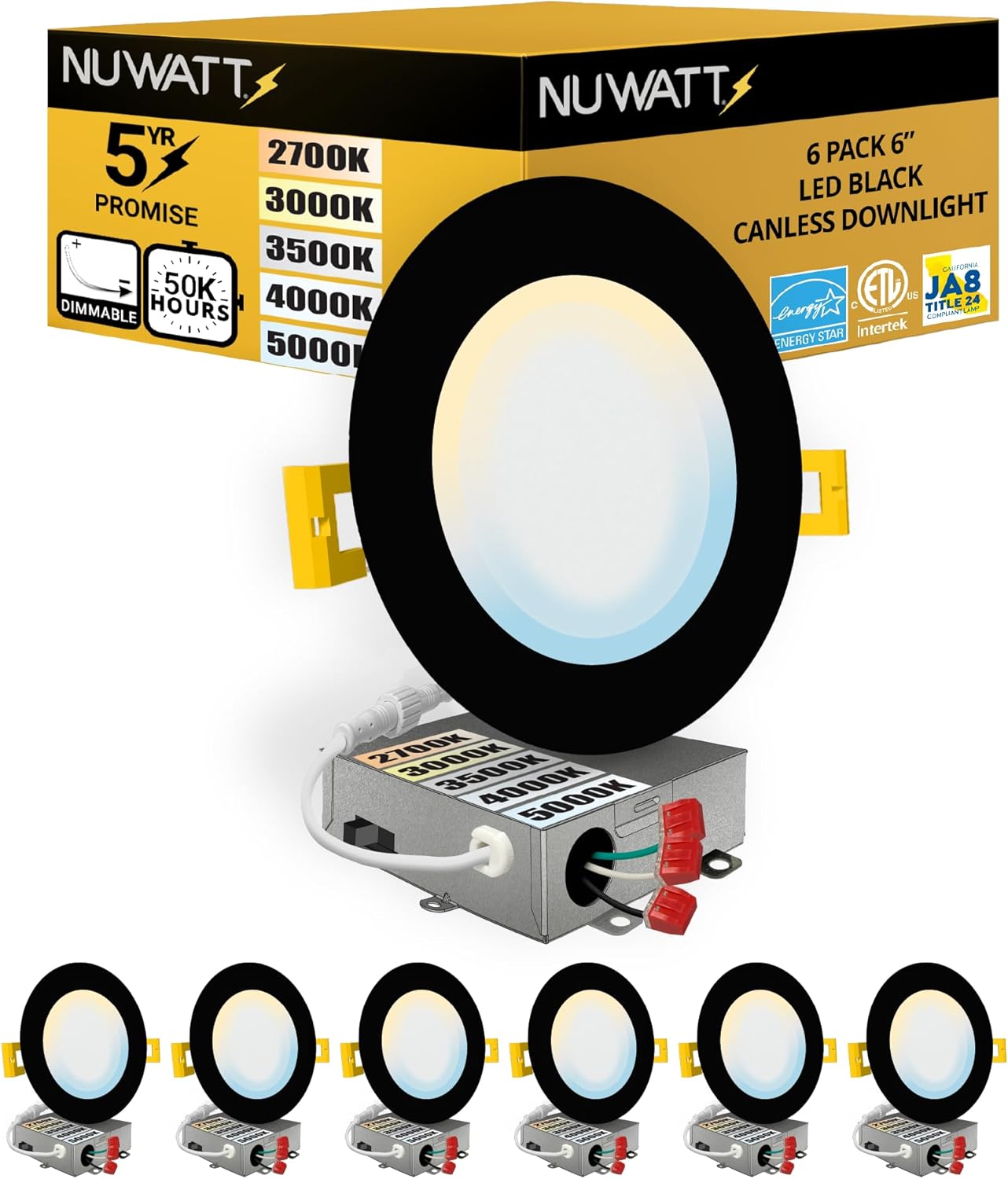 NUWATT 6 Pack, 6 Inch Ultra Thin Black LED Recessed Lighting, 5CCT 2700K/3000K/3500K/4000K/5000K Selectable, High Brightness 1050 Lumens, Dimmable Canless Slim Wafer Light, IC Rated, Metal J-Box, ETL