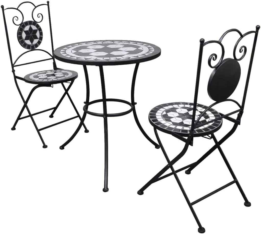 3 Piece Bistro Set Ceramic Tile Black and White,Mosaic Bistro Set for Garden, Patio, or Balcony: Stylish and Enduring Patio Furniture, Outdoor Furniture Sets