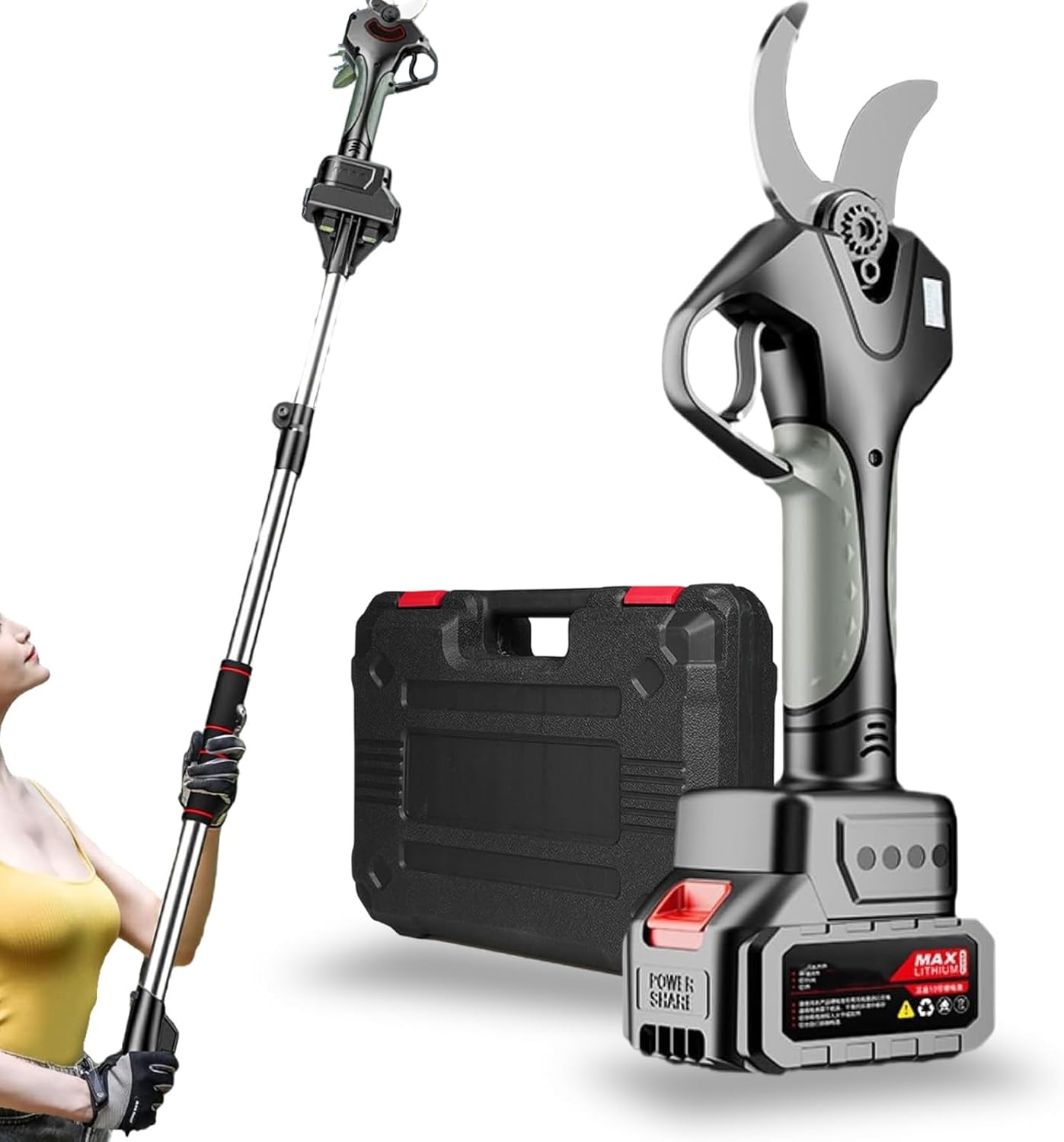 Electric Secateurs,Extendable Tree Pruning Pruner,Cordless Electric Pruning Shears,78mm/3.07inch Max Cutting Diameter,with Extension Poles,for Hedge, Bush, Orchard,‎1Battery