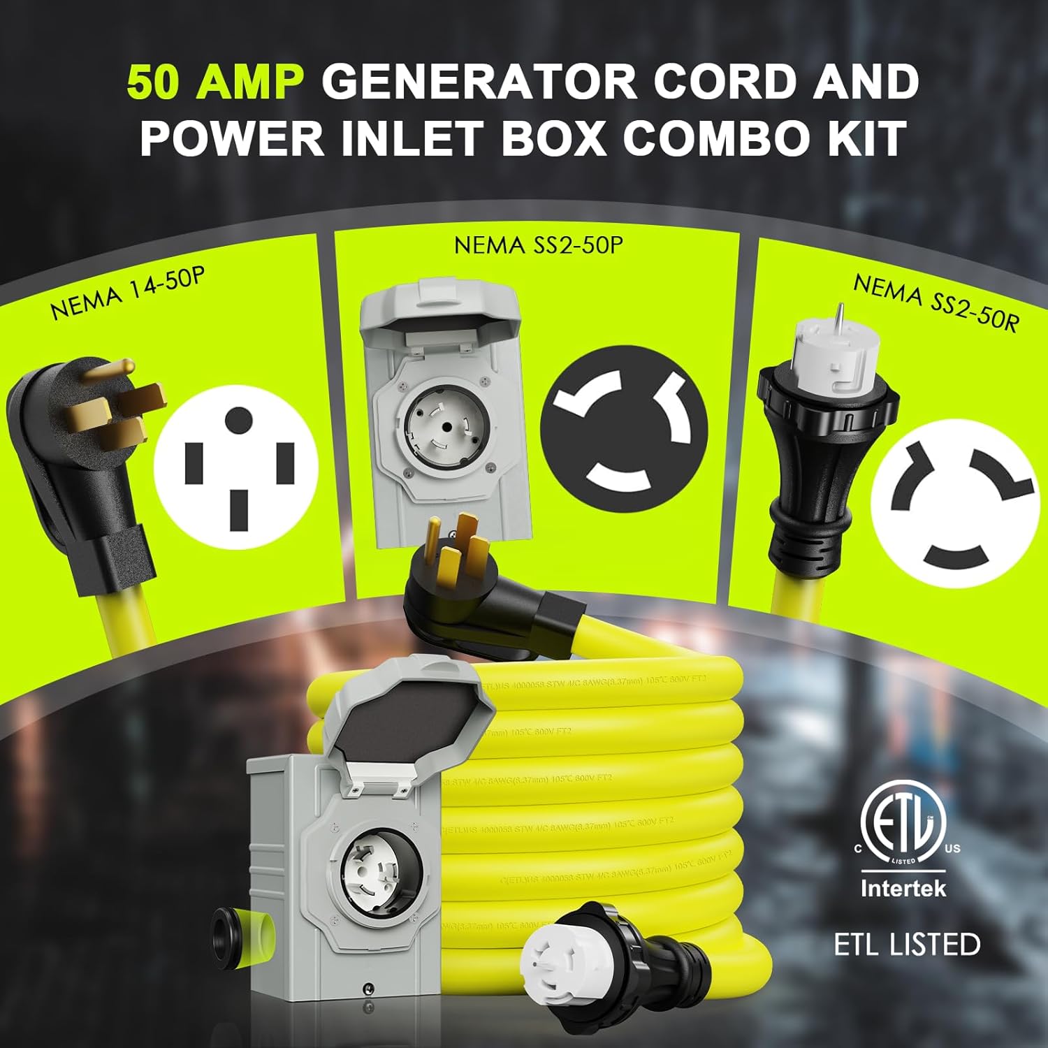 50 Amp Generator Cord 15FT and Power Inlet Box, NEMA 14-50P Male to SS2-50R 125/250V Twist Lock Connector with Pre-Drilled NEMA SS2-50P Generator Inlet Box for Generator to House, ETL Listed