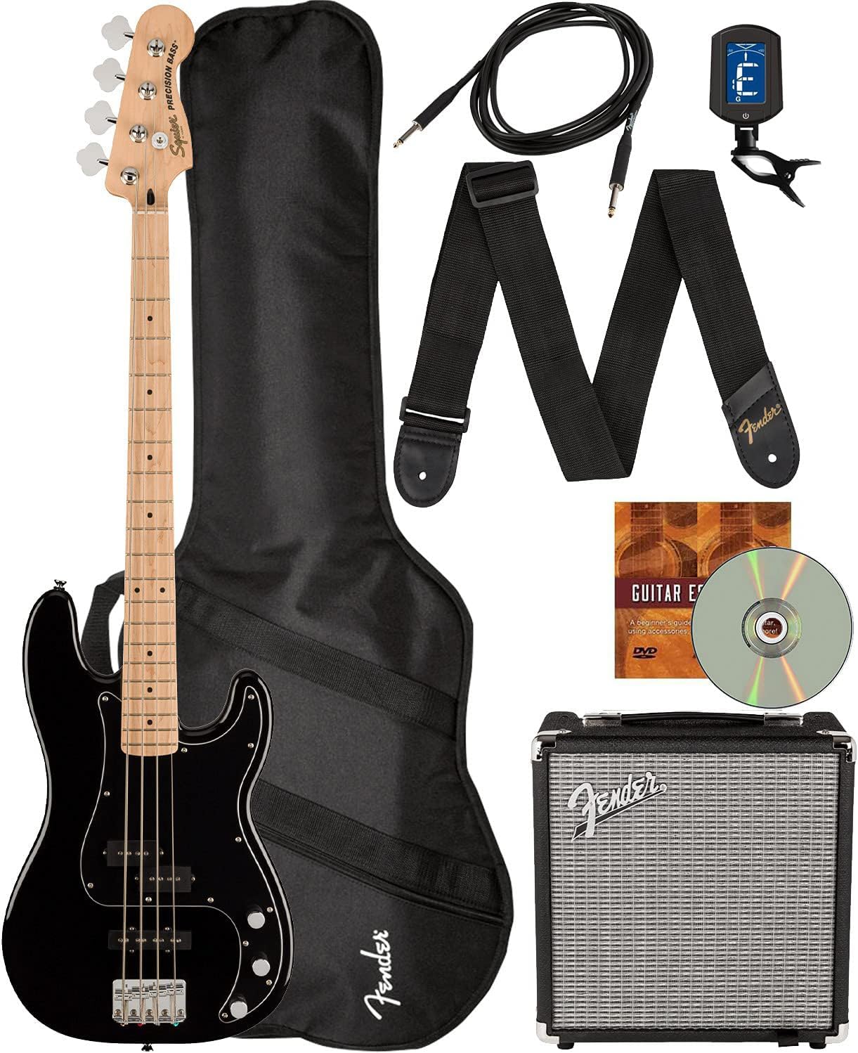 Fender Squier Affinity Precision Bass PJ - Black Bundle with Rumble 15 Amplifier, Instrument Cable, Gig Bag, Tuner, Strap, and Austin Bazaar Instructional DVD
