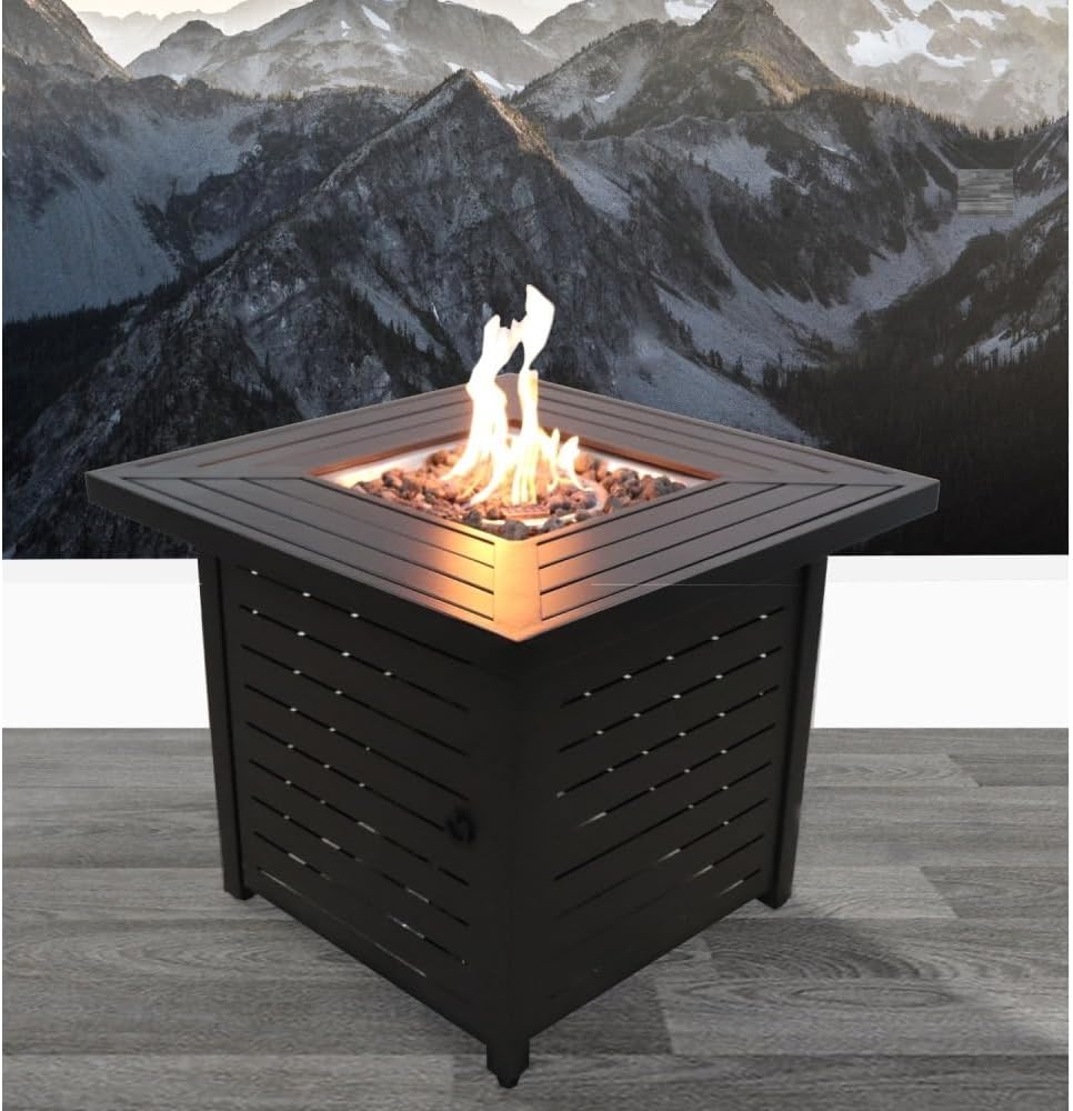 Outdoor Steel Propane Fire Pit Table with Powder Coated Finish and Lava Rocks for Backyard Patio Deck Use