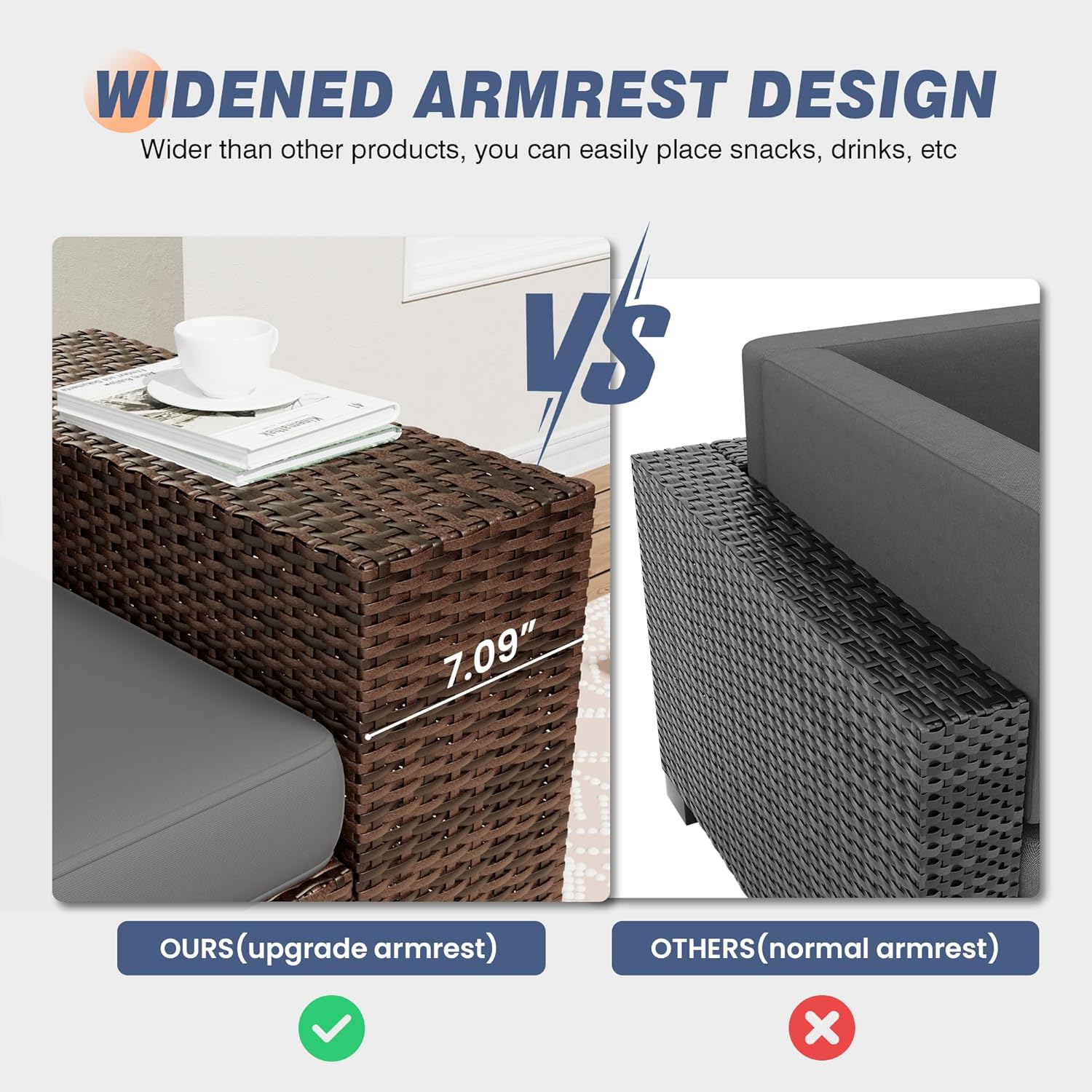 Amopatio 8 Inch Armrest Outdoor Sectional, 6 Piece Patio Furniture Set Sectional Sofa with Coffee Table for Garden Backyard, 4'' Thickened Cushion