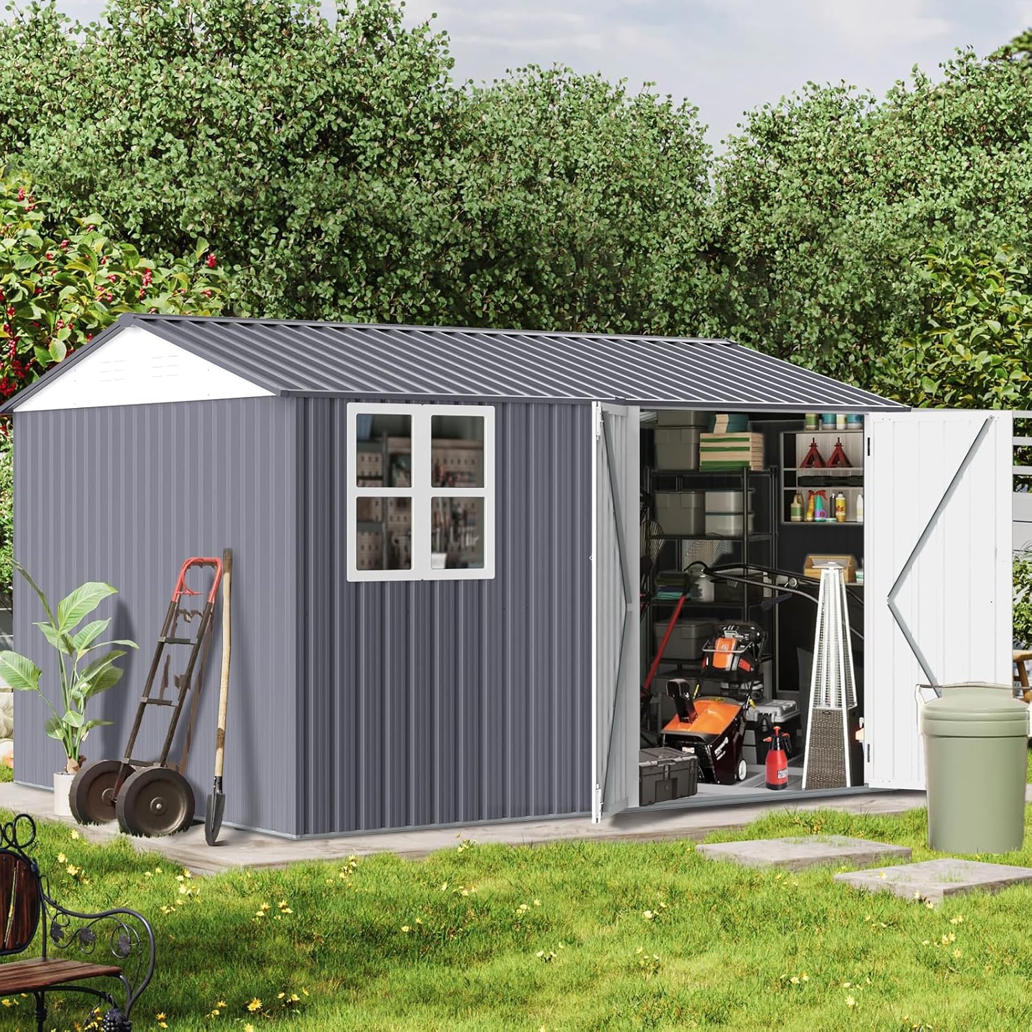 8X12FT Outdoor Storage Shed with Windows,with Sloped Roof & Double Lockable Door,Storage Shed Large with 6 Vents, Garden Tool Shed for Backyard Garden Patio Law