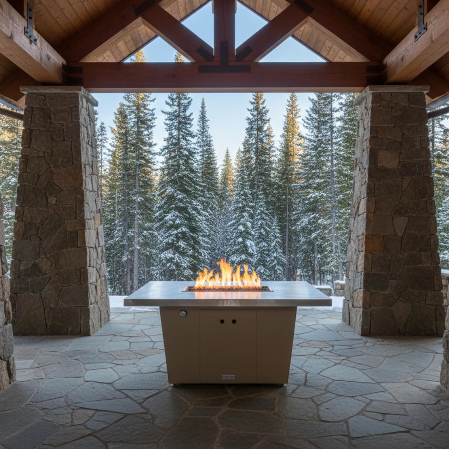 COOKE Palisades Rectangular Fire Pit Table - 52x36 - Chat Height - Natural Gas - Brushed Aluminum Top with 3cm Edge - Beige Powdercoat Base