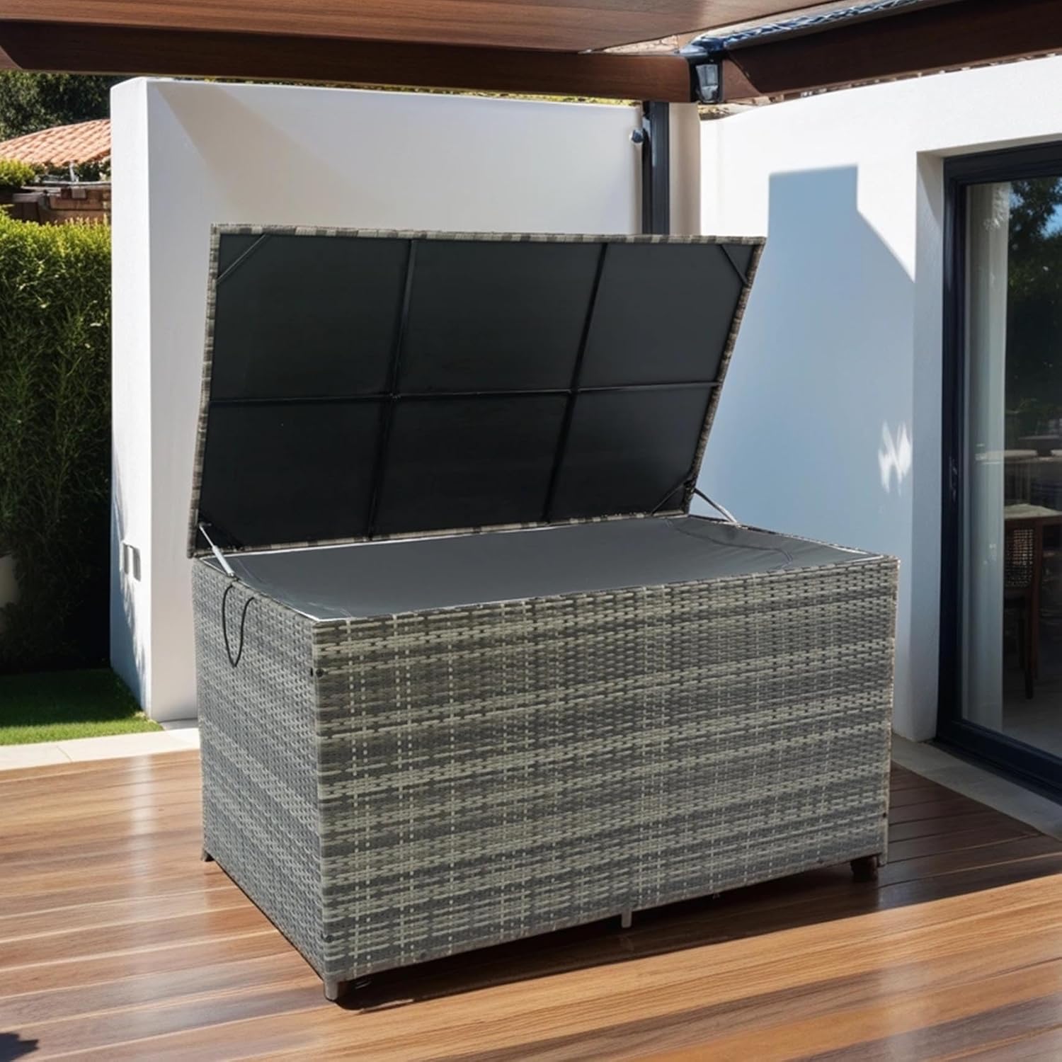 200 Gallon Wicker Deck Box, Outdoor Storage Box with Hinged Lid, Waterproof Rattan Storage Container with Zippered Liner for Patio Garden Furniture Kids Toys, Pillows, Towel