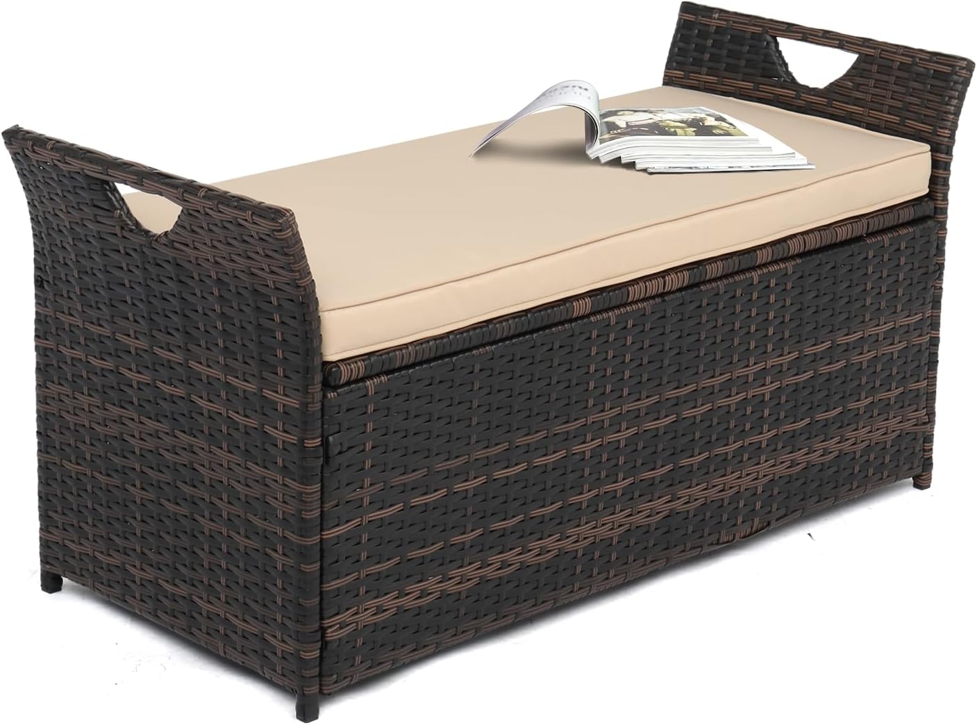 VINGLI 40 Gallon Outdoor Storage Bench with Cushion, Rattan Storage Box, Patio Wicker Deck Box with Seat for Garden | Balcony | Porch | Pool | Yard (Brown Frame + Beige Cushion)