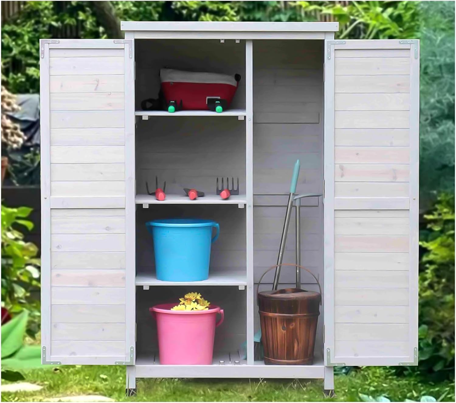 Weatherproof Outdoor Storage Shed with Shelves and Waterproof Garden Cabinet for Patio Lawn 55.1In Tall Wooden Backyard Storage House (White 140X80X53Cm)