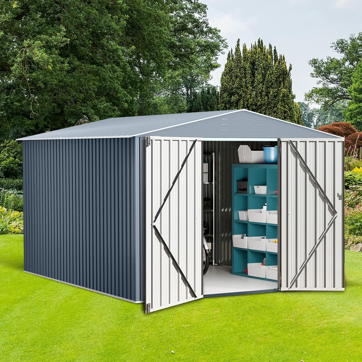 10X12FT Large Metal Outdoor Storage Shed,Galvanized Steel Arden Tool Shed with Lockable Double Doors & Breathable Vent,for Yard Bins/Generator/Wheelbarrow Garden Storage